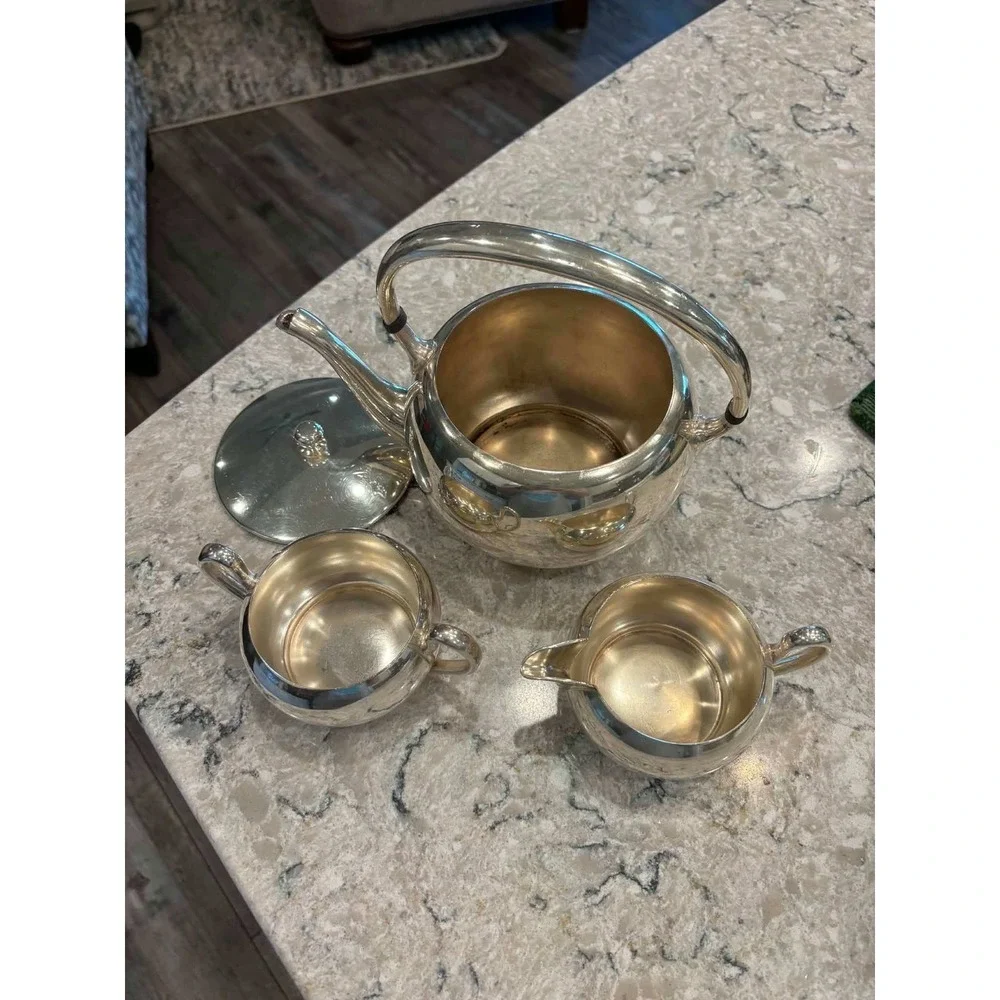 4 Piece Set of Gotham Silver on Copper Teapot w/ Lid, Creamer and Sugar Bowl Set